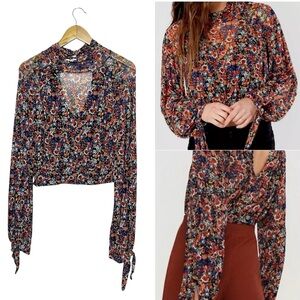 Free People All Dolled Up Mesh Sheer S Floral Long Sleeve Top Balloon High Neck
